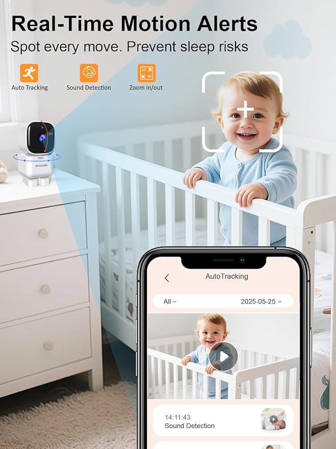Smart Baby Monitor with App and 5" Display, Dual Mode (WiFi & No WiFi FHSS), 1080P HD Video, 360° Pan-Tilt-Zoom with Motion Tracking, 36H Battery, Cry & Temp Alerts, White Noise, Night Vision