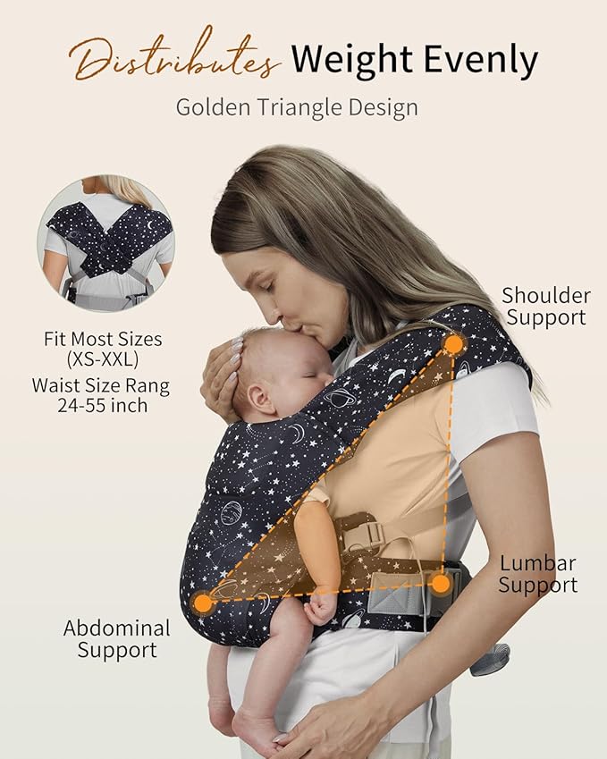 HEYVALUE Baby Carrier Newborn to Toddler(7-35lbs), Ergonomic Cross-Back Wraps with Adjustable Straps, Newborn Carrier with Effortless Put-On, Head Support for Hands-Free Comfort, Black Galaxy