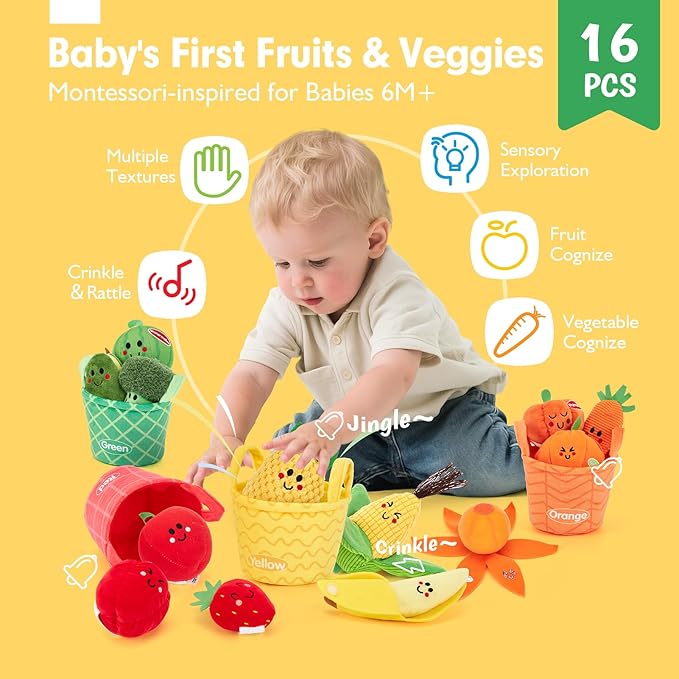 hahaland Baby Sensory Toys - 16 PCS My First Fruit Vegetable Color Sorting Play Food Crinkle, Rattle, Baby Toys 6-12 Months Montessori Toys for 1 Year Old Boy Girl Toddler Valentines Day Gifts Easter