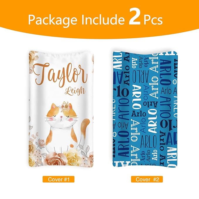 Custom Changing Pad Cover Set - Jersey Knit Ultra Soft Unisex Waterproof Diaper Changing Table Covers with Personalized Name for Baby Boys Girls - Comfy Cozy 2 Pcs Set Style08