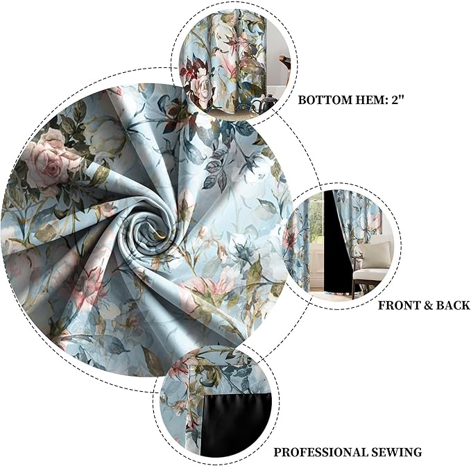 Renaiss Blue Rose Floral Blackout Curtains, Light Blue Watercolor Flowers Blossom Bedroom Window Curtains, Vintage Grommet Curtains for Kitchen 29W x 45L 2 Panels Set