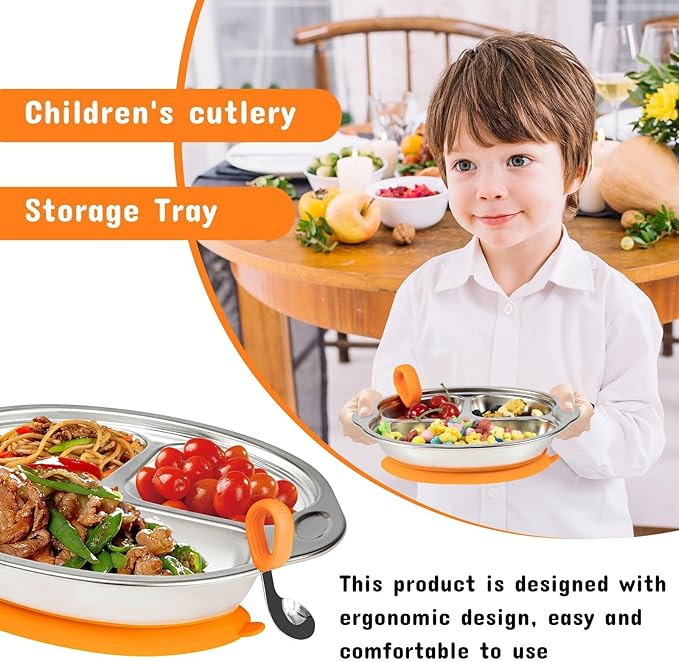 Mrs. Chou Stainless Steel Baby Suction Plates: Divided Plates for Babies & Toddlers, BPA-Free, Dishwasher Safe, Orange
