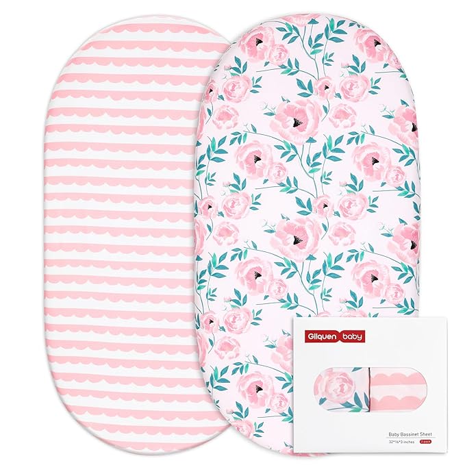 Gllquen Baby Bassinet Sheets Set 2-Pack, Breathable Cozy Bassinet Fitted Sheet Universal Fit Standard Mattress Oval Rectangle Cradle Baby Sheets for Baby Boy Girls Unisex 32"x16" (Pink Flower)