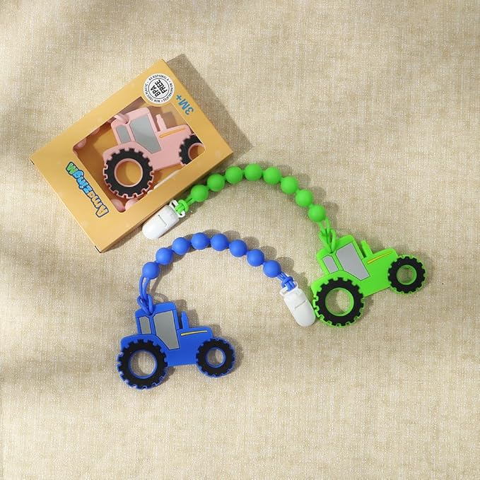 Baby Food Grade Silicone Tractor Truck Teether Toy with One Piece Design Pacifier Clip Holder,Teething Toys Gift Set for 3 Months+ Boys and Girls,Freezer Safe,BPA Free. (Pink)