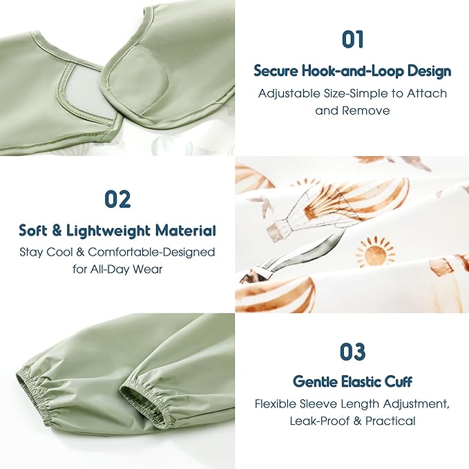 GRSSDER 2 Pack Long Sleeve Baby Feeding Bibs, Super Soft Lightweight Waterproof Coverall Baby Led Weaning Bib with Large Food Catcher Pocket, Adjustable and Easy Clean for 6-30 Months