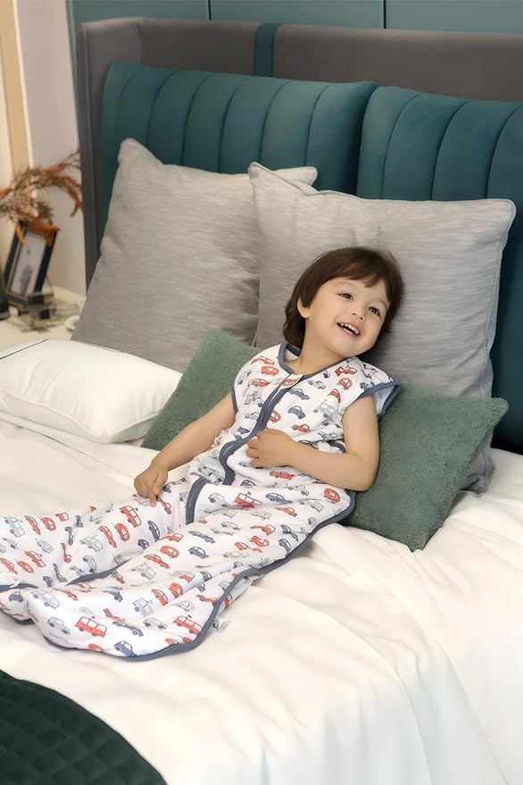 TADO MUSLIN Baby Sleep Sack 2-4 T 95% Rayon from Bamboo 5% Spandex Boys & Girls Wearable Blanket 1.0 TOG Toddler Sleeping Sack 2- Way Zipper X-Large Car Truck