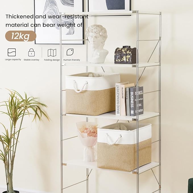 Large Storage Baskets- 16x12x12 inch Storage Bins for Shelves and Closet Organizing, Foldable Fabric Bin for Home Organization Clothes and Laundry (3-Pack, White&Khaki)