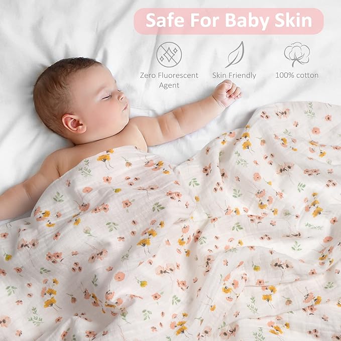 Softan Muslin Swaddle Blankets for Baby Girls & Boys Gift, Large 47X47 inches Receiving Blankets for Newborn, Infant Swaddle Wrap Blanket Set Soft Silky & Breathable, 4 Pack Green Floral
