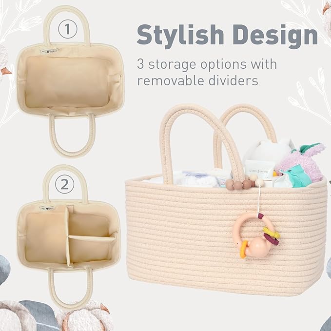 Miss Fong Diaper Caddy Organizer - Portable Caddy with Removable Dividers, Travel Basket & (Creme)