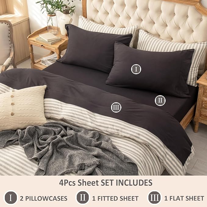 PURE ERA Jersey Knit 4pc Bed Sheet Set 100% T-Shirt Cotton Super Soft Comfy Breathable Fits Mattress Up to 20" Extra Deep Pocket (Solid Deep Brown, Queen)