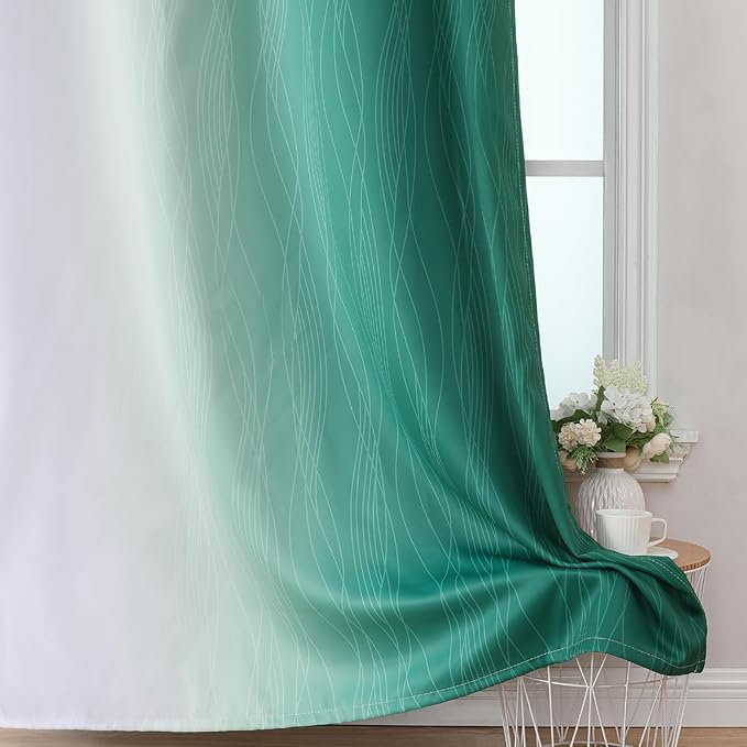 Estelar Textiler Green and Greyish White Blackout Curtains for Living Room, Full Room Darkening Grommet Ombre Curtains for Bedroom, Thermal Insulated Light Blocking Gradient Drapes, 52Wx72L, 2 Panels