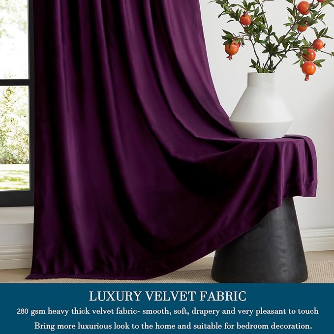 PRIMROSE Purple Velvet Curtains 96 inch Long for Living Room,Set of 2 Panels Blackout Rod Pocket Back Tab Window Treatment Room Darkening Heavy Decorative Curtains Drapes for Bedroom