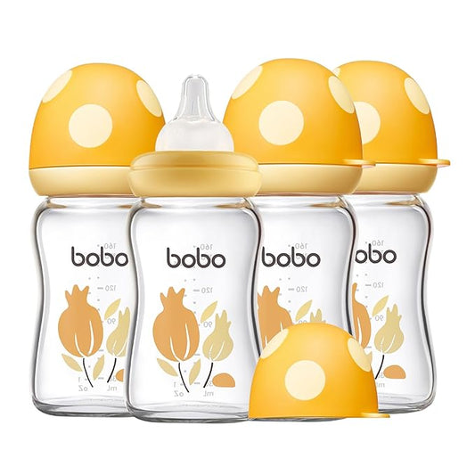 YOHKOH Natural Glass Baby Bottle with Level 1 Slow Flow Nipple, Newborn Anti-Colic Baby Bottles, Wide Neck Mushroom Baby Glass Bottle (Yellow, (5.4oz (Pack of 4))