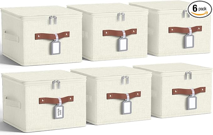 6 Pack Fabric Closet Storage Bins with Zipper Lids and Label, 10×8×7In Large Size Foldable Cotton Linen Storage Cubes Boxes with PU Leather Handles Holders for Bedroom, Shelf, Nursery, Beige