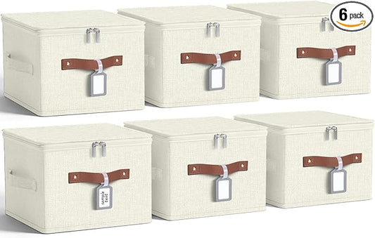 6 Pack Fabric Closet Storage Bins with Zipper Lids and Label, 10×8×7In Large Size Foldable Cotton Linen Storage Cubes Boxes with PU Leather Handles Holders for Bedroom, Shelf, Nursery, Beige
