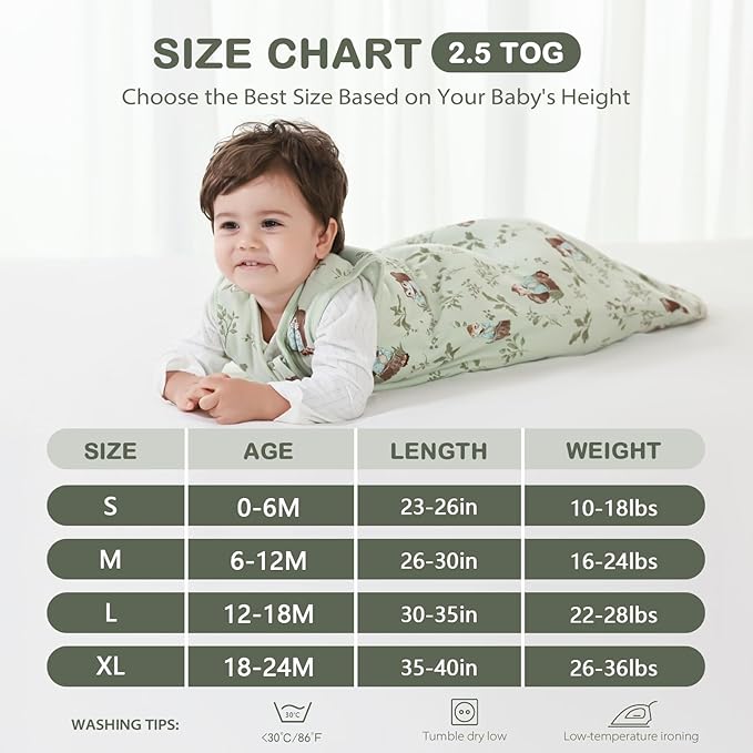 Mosebears Sleep Sack Baby Winter Wearable Blanket with 2-Way Zipper,2.5 TOG Cotton Sleep Sack Unisex(Green Animal,0-6 Months)