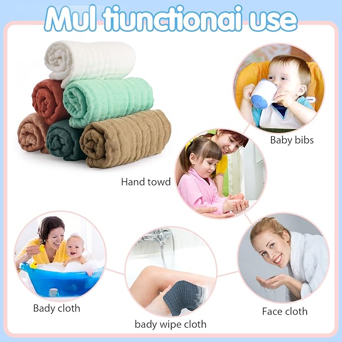 Hicarer 6 Count Muslin Burp Cloths Cotton Baby Burping Rags Large 20 x 10 Inch 6 Layers Spit up Rags Soft Absorbent Multicolor Wash Cloths Diapers for Newborn Baby Girl Boy(Cute Color Series)