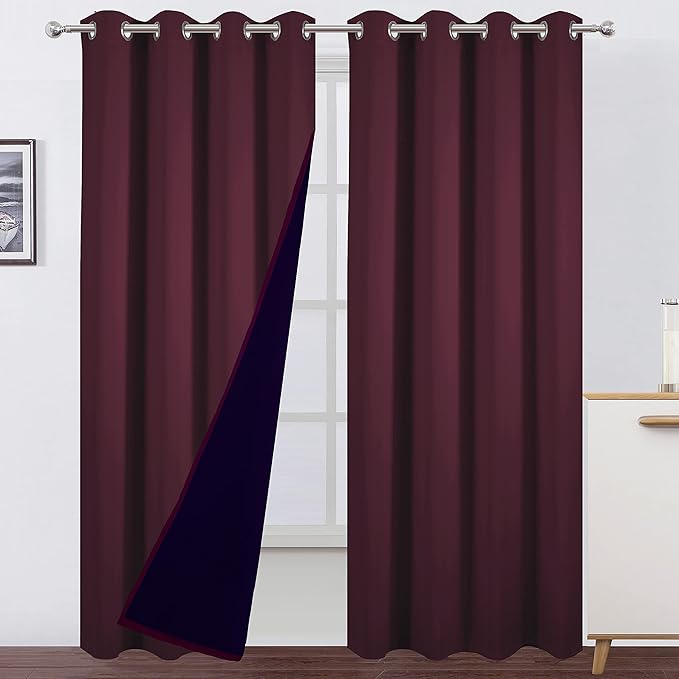 LEMOMO 100% Blackout Curtains 52 x 84 Inch/Burgundy Red Curtains 2 Panels with Black Lining Room Darkening Thermal Insulated Bedroom Curtains
