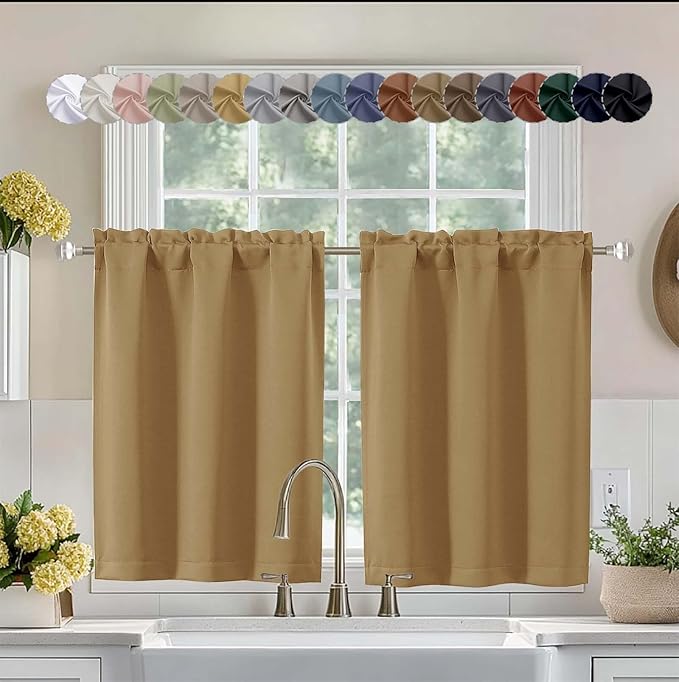 Aiyufeng Gold Short 36 Inches Blackout Curtain 2 Panels Set, Half Window Rod Pocket Privacy Curtain Tiers for Kitchen, Curtains Blackout for Bathroom Shades, W40 x L36 Inch, Gold