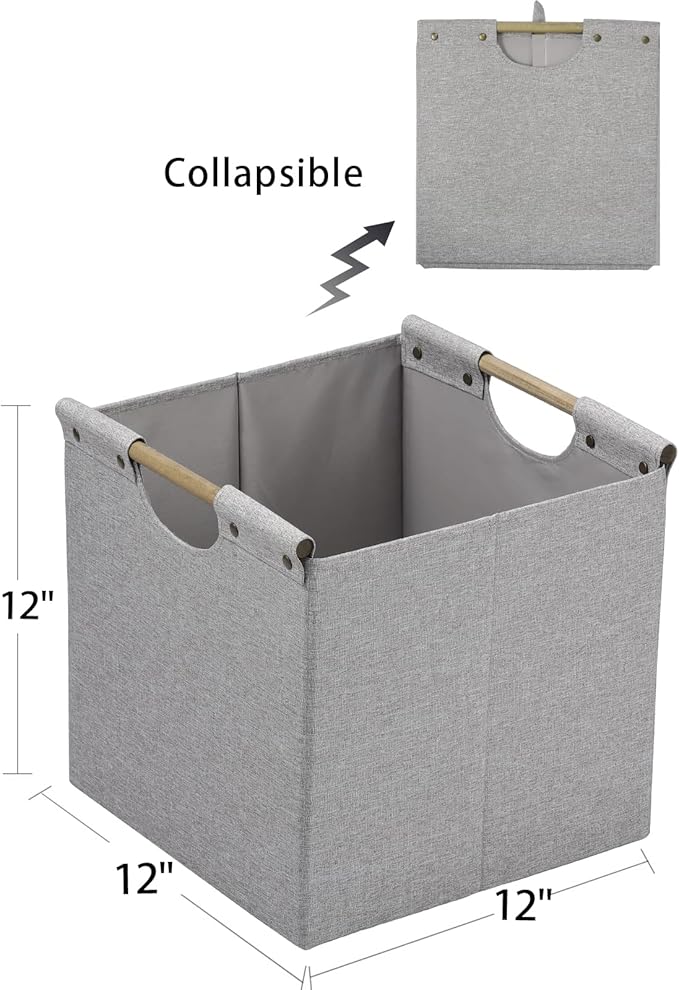 HOONEX Collapsible Storage Bins, 12x12x12in Storage Cubes Linen Fabric, 3 Pack, Storage Baskets with Wooden Carry Handles and Sturdy Heavy Cardboard, for Home, Office, Car, Nursery, Light Grey