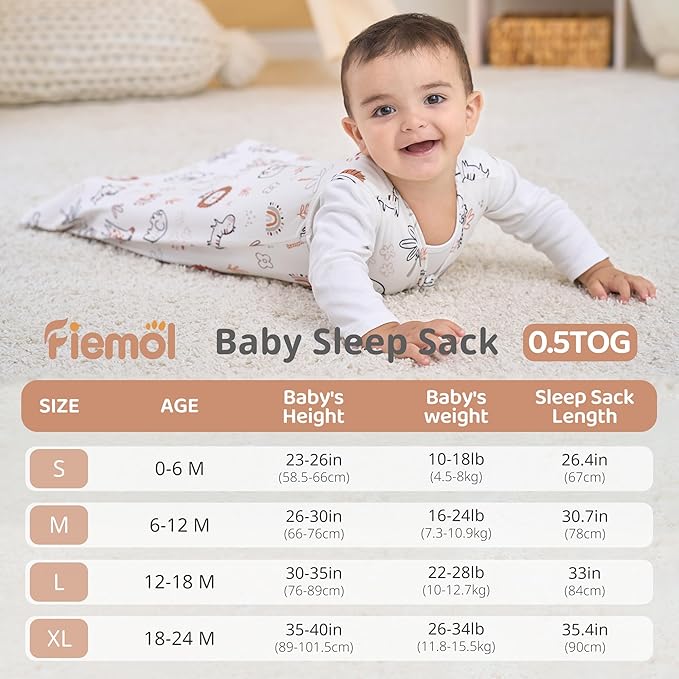 FIEMOL Baby Sleep Sack 0-6 Months, 0.5 TOG Wearable Blanket for Baby Boy and Girl, 2-Way Zipper Newborn and Infant Sleeping Bag 2 Pack, Lightweight Sleep Sacks Orange Animal（Small）