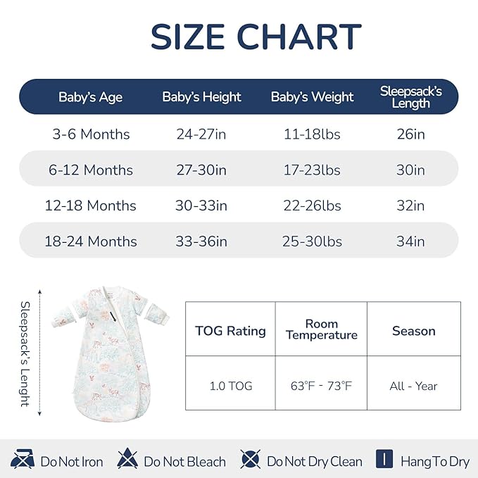 Baby Sleep Sack 6–12 Months, Cotton Sleep Sack with Detachable Long Sleeves, 1.0 TOG Wearable Blanket for Cooler Nights, 2-Way Zipper Toddler Sleeping Sack with Temperature Strip, ELK