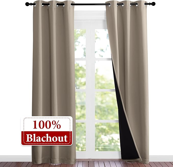 NICETOWN Taupe Full Shade Curtain Panels, 37" Wide x 80" Long, Taupe, Pair of Thermal Insulated & Energy Efficiency Blackout Curtains for Living Room Windows, Lined Silky Performance Window Dressing