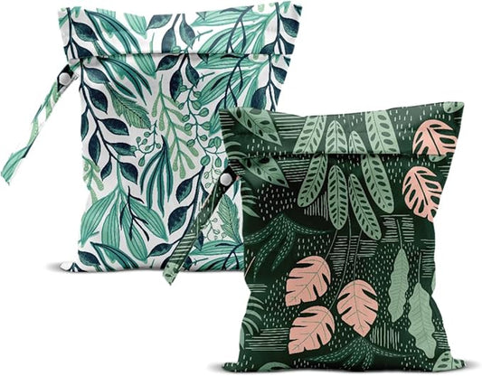 ZHAMEN 2Pcs Tropical Wet Bag 12x10 Inch, Plant Waterproof Reusable Wet Dry Bags, Leaves Washable Travel Laundry Bags for Swimsuit Beach Diapers Dirty Yoga Gym Clothes, Plants Gifts for Women Friend