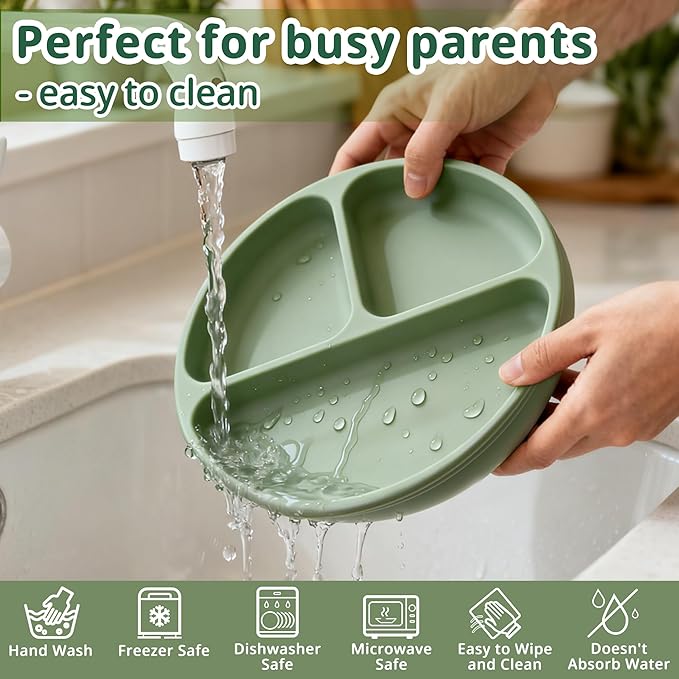 Bufims Silicone Baby Feeding Set, Baby Led Weaning Supplies, Eating Essentials Utensils with Suction Plate and Bowl, Pocket Bib, Sippy Cup with Lid, Forks Spoons Snack Container, for 6+ Months, Green