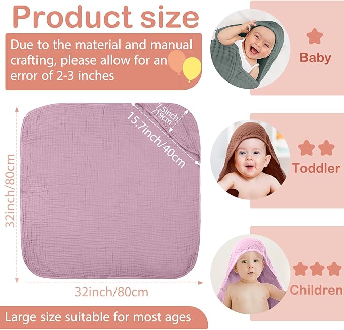 Peryiter 6 Pcs Muslin Hooded Baby Towels 32x32inch Cotton Newborn Bath Essentials Muslin Infant Blankets Absorbent Registry Baby Shower Present for Babies Girl Boy Kids (Green and Pink Series)