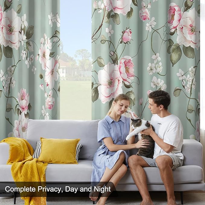 Blackout Curtains for Girls Bedroom, Pink Floral Room Darkening Curtains 84 Inch Length 2 Panels Set, Grommet Thermal Insulated Soundproof Privacy Winter Black Out Curtains for Living Room