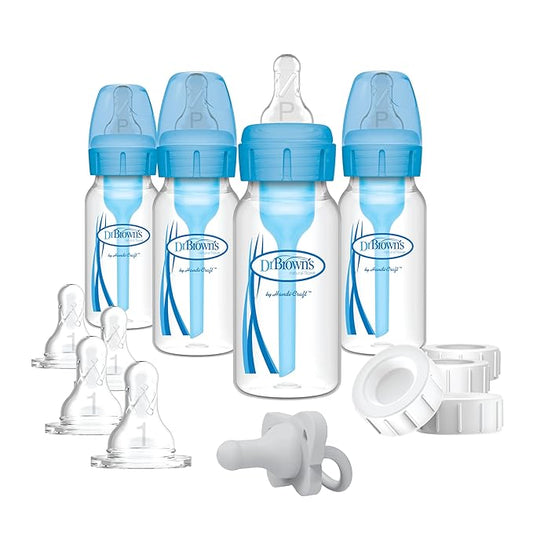 Dr. Brown’s Natural Flow Anti-Colic Options+ Narrow Breast to Bottle Pump & Store Feeding Set with Slow Flow Nipples, Baby Bottle Travel Caps and 100% Silicone HappyPaci One-Piece Pacifier, Blue