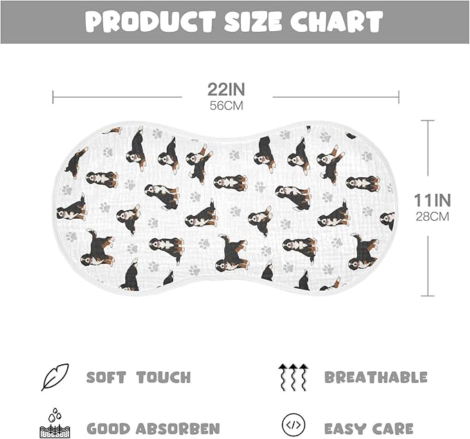 1 Pack Muslin Burp Cloths Bernedoodle Dogs White Cotton Baby Burp Cloths Ultra Absorbent and Soft Thick Burping Cloth for Newborn Baby Boys Girls 22x11 Inch