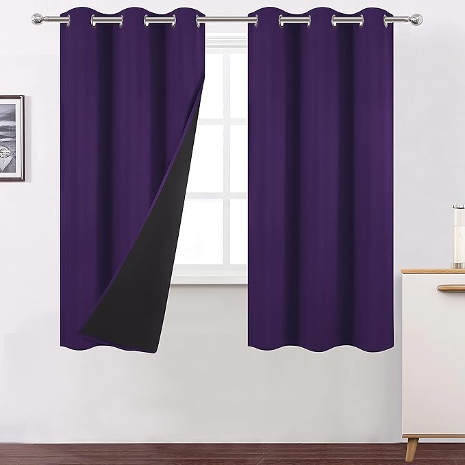 LEMOMO 100% Blackout Curtains 40 x 63 Inch/Purple Curtains 2 Panels with Black Liner/Double Layer Full Room Darkening Bedroom Curtains