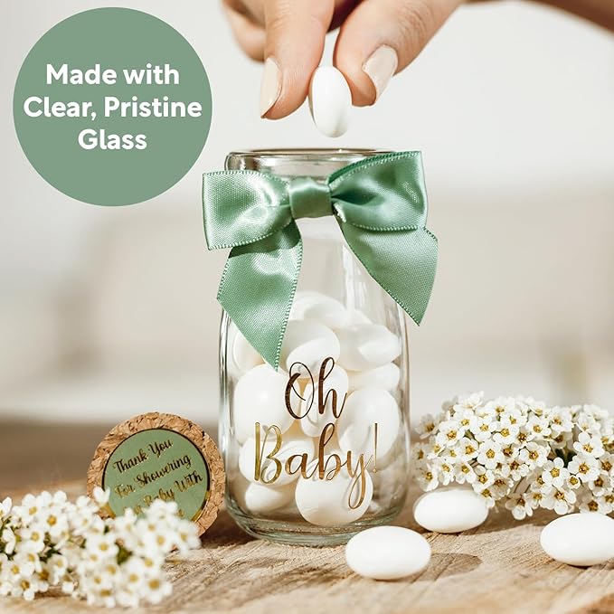 Ethisa Vintage 24 Pack Oh Baby Woodland Milk Glass Bottles with Ribbons and Stickers - Classy Baby Shower Favors for Guests and Table Centerpieces - Gender Neutral Eucalyptus Decoration - Safari Theme