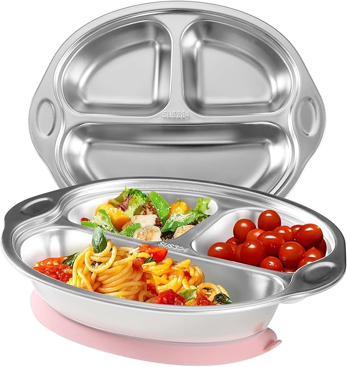 Mrs. Chou Stainless Steel Baby Suction Plates: Divided Plates for Babies and Toddlers, Made of 100% Food-Grade Materials Ideal for Baby-Led Weaning BPA-Free Toddler Feeding Dishwasher Safe PINK