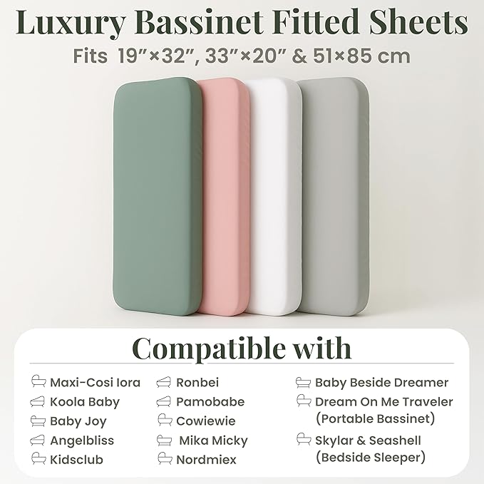 GOTS Organic Bedside Bassinet Sheets 33x20 for Maxi COSI Iora, Cowiewie, Baby Delight, Mika Micky, Ronbei, Koola Baby Bond, Kidsclub, Luxury Turkish Cotton - Rectangle 32x19-33x20
