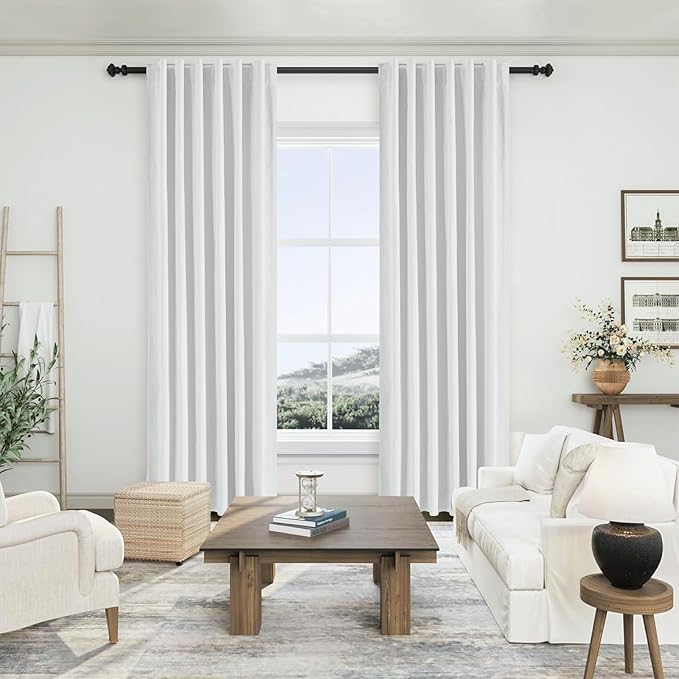 White Linen Blackout Curtains 84 Inch Length 2 Panels Set for Bedroom Darkening, 100% Black Out Thermal Insulated Back Tab Curtains Heating Blocking for Nursery