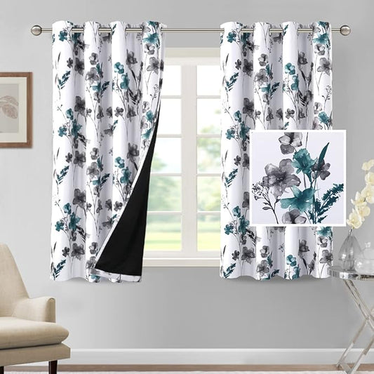 H.VERSAILTEX 100% Blackout Curtains 54 inch Length 2 Panels Set Cattleya Floral Printed Drapes Leah Floral Thermal Curtains for Bedroom with Black Liner Sound Proof Curtains, Grey and Teal