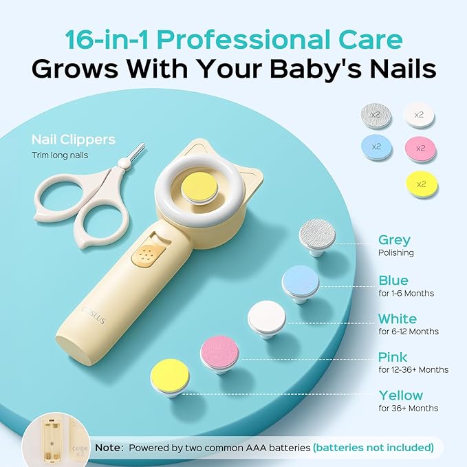 COSLUS Baby Nail File, Baby Nail Trimmer Electric, Baby Nail Clipper - Gentle, Quiet with 360° Light, Safe for Sleep Time Grinding, 16-in-1 Kit for Newborn, Infant & Toddler (C50, Lemon Yellow)