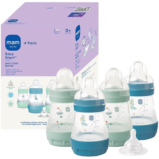 MAM 5oz Easy Start Anti-Colic Baby Bottles, Slow Flow with Bonus Medium Flow Nipple, Reduces Colic, Gas, & Reflux, Easy-to-Clean, BPA-Free, Baby Bottles for Newborns, 0-3 Months