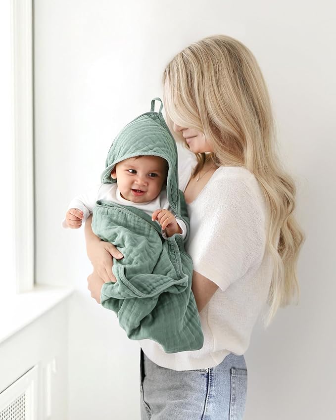 Hooded Baby Towels for Newborn, 35x35 Inch 2 Pack 100% Muslin Cotton Baby Bath Towel, Soft Baby Beach Towels with Hood for Infants, Toddlers and Kids, Essentials Must Haves