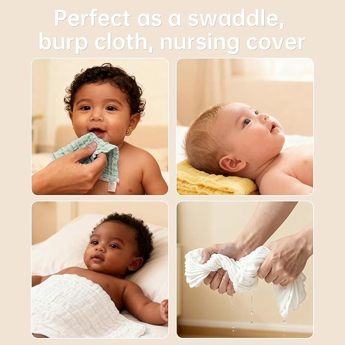 Bear Rocket Organic Muslin Baby Washcloths 6 Pack Baby Bath Face Towel 12x12 Inch Extra Absorbent and Soft Burp Cloth and Wash Cloths for Newborn-Infants On Sensitive Skin (White Green Yellow)