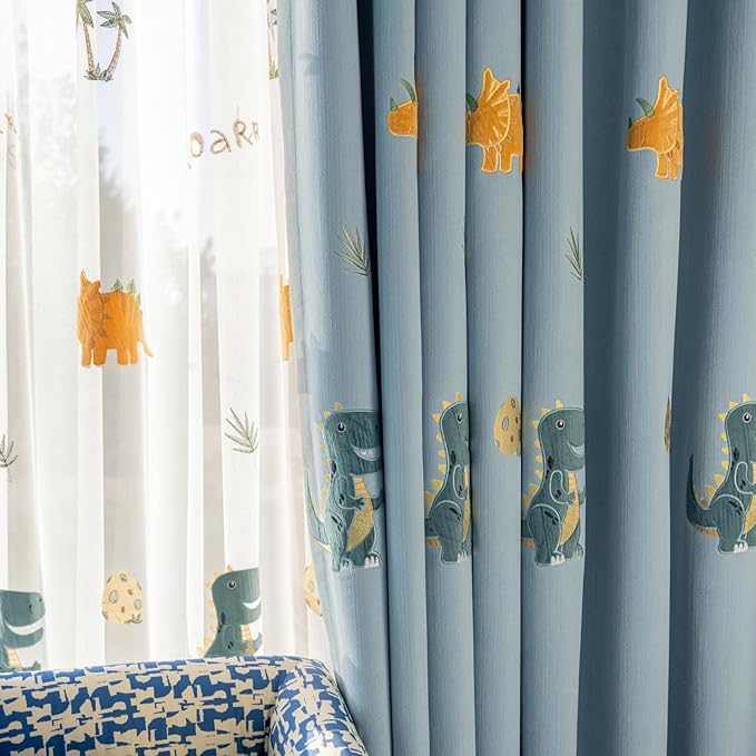 KMSG Cartoon Dinosaur Sheer Kids Curtains Embroidery Voile Drapes Nursery Curtains for Children Boys Baby Bedroom Living Room Light Filtering Window Tratement Grommet Top 1 Panel W78 x L102 Inch
