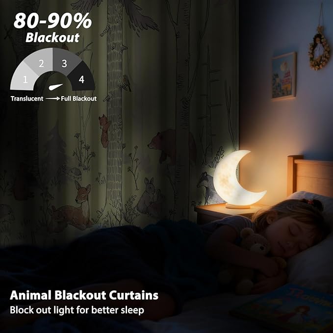 Kids Blackout Curtains for Nursery, Boy's Woodland Animal Print Curtains for Bedroom, Cartoon Room Darkening Window Drapes 2 Panels Set, Yellow, 52W x 63L