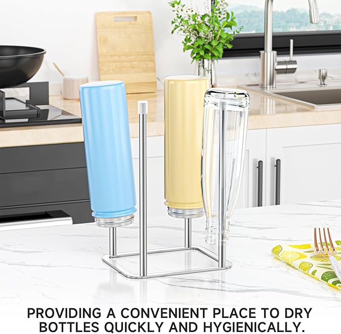 LOXSUN Water Bottle Drying Rack, Stainless Steel Bottle Dryer Rack, Baby Bottles Rack Dryer, Cup Drying Rack, Reusable Bag Drying Stand, Kitchen Stand Holder for Glass Bottles, Plastic Bag (Silver)