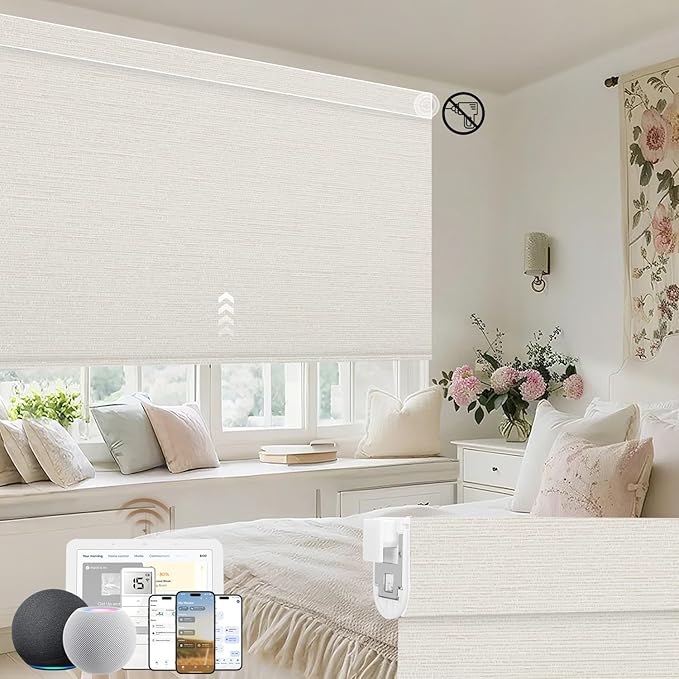 Kincmo No Drill Motorized Blinds with Remote, 100% Blackout Roller Shades for Windows, Custom Electric Blinds Compatible with Alexa, Apple Homekit, Google Home (100% Blackout Elegant Cream)