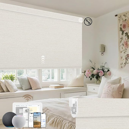 Kincmo No Drill Motorized Blinds with Remote, 100% Blackout Roller Shades for Windows, Custom Electric Blinds Compatible with Alexa, Apple Homekit, Google Home (100% Blackout Elegant Cream)