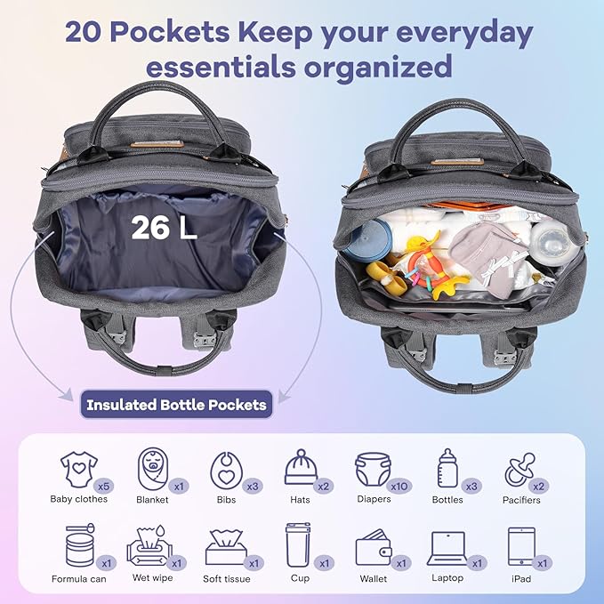 RUVALINO Diaper Bag Backpack, Multifunction Travel Pack Maternity Baby Changing Bags, Large Capacity, Waterproof, Dark Gray | Multifunction, Travel Pack, Maternity, Baby Changing Bags, Waterproof