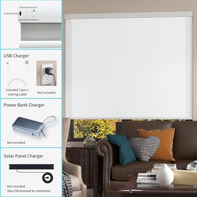 MYshade Motorized Cellular Shades - Smart Blinds Compatible with Alexa/Google Home/SmartThings,Light Filtering Rechargeable Cordless Honeycomb Blinds, Custom-Size Auto Shades for Windows (White)